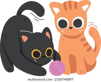 Cute Playful Black Cat and Orange Cat Playing with Ball of Yarn Celebrating International Cat Day