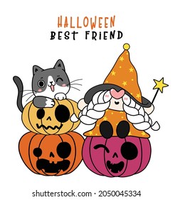 cute playful black kitten cat with happy witch gnome Halloween sit on orange pumpkin, flat cartoon character hand drawn doodle outline