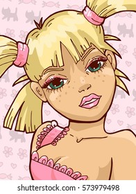 Cute playful blond girl in pink dress. Vector illustration.