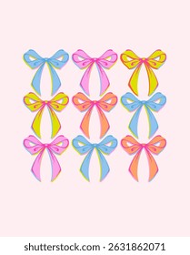 Cute Playful Bows Print. Whimsical Hand Drawn  Style Illustration with colorful bows. Vintage feminine, coquette design in charming girly style. Retro aesthetics for romantic visuals