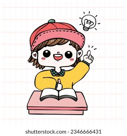 A cute playful boy showcases his bright idea through a charming cartoon doodle illustration. Perfect for educational concepts, captures the essence of a clever and cheerful elementary school student.