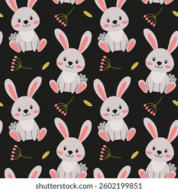 Cute and playful bunnies surrounded by flowers on a dark background creating a whimsical textile design