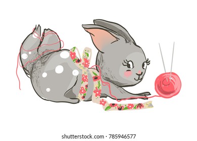 Cute playful bunny, hare, rabbit with clew (ball, roll), knitting needles and tied bow with floral pattern