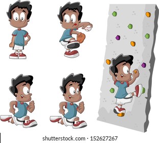 Cute playful cartoon black boy playing baseball, running and climbing a wall 