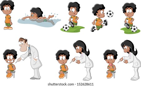 Cute playful cartoon black boy playing soccer, football, swimming, and getting an injection in arm.  