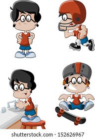 Cute playful cartoon boy on skate board, playing american football and washing hands