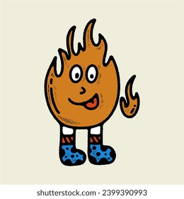 A cute and playful cartoon fireball wearing blue socks and a smile. Perfect for children's book illustrations, animated videos, and website graphics.