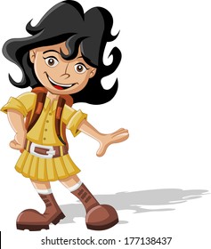 Cute playful cartoon girl in explorer outfit