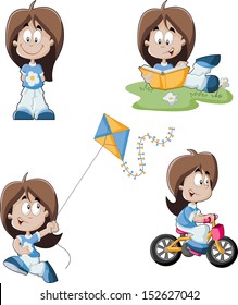 Cute playful cartoon girl riding a bike, reading a book and flying kite. 