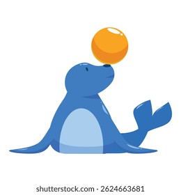 Cute and playful cartoon seal balancing an orange ball on its nose, perfect for entertainment and playful designs