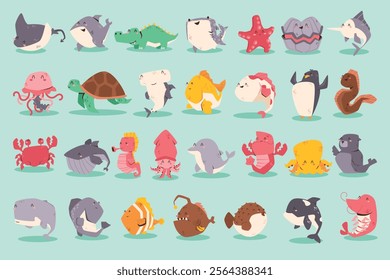 Cute playful cartoon underwater animals collection