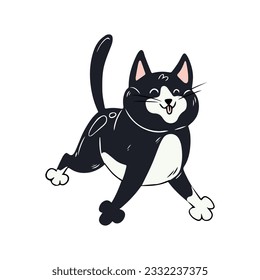 Cute playful cat. Black kitten in hand drawn style. Vector illustration isolated on white background.