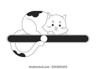 Cute playful cat on black white loading bar flat design. Small kitty looking at progress status. Web loader ui ux. Graphical user interface. Outline cartoon vector illustration on white background