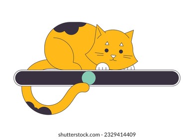 Cute playful cat on loading bar flat design. Small kitty looking at progress status. Web loader ui ux. Please wait. Graphical user interface. Cartoon vector illustration on white background