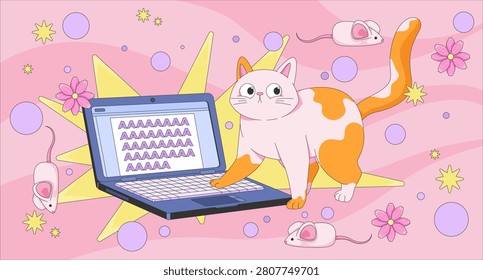 Cute playful cat stepping on laptop keyboard lofi illustration. Funny pet accidental typing. Relatable WFH humor. Lo Fi art aesthetic. 2D flat wallpaper nostalgic background. Vector cartoon image