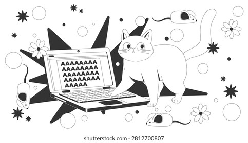 Cute playful cat stepping on laptop keyboard lo fi line illustration. Funny pet accidental typing. Relatable WFH humor. Black and white LoFi aesthetic wallpaper. Flat vector outline cartoon art