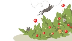 Cute Playful Cats Knocked Over The Christmas Tree. Funny Vector Illustration, Poster Or Christmas Csrd.