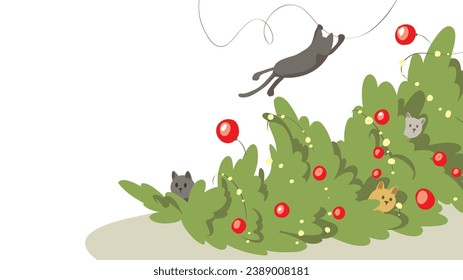 Cute playful cats knocked over the Christmas tree. Funny vector illustration, poster or christmas csrd.