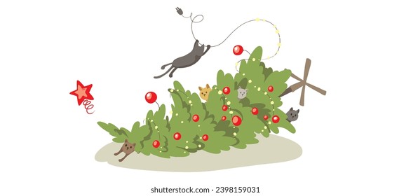 Cute playful cats knocked over the Christmas tree. Funny vector illustration, poster or christmas csrd.	