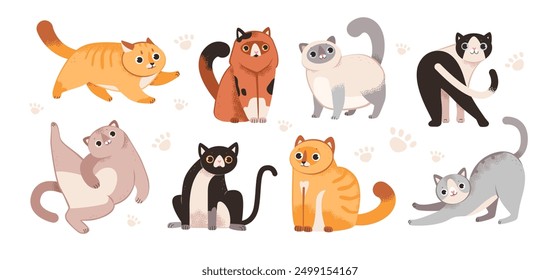 Cute playful cats set. Various felines isolated on white background. Flat vector illustration.