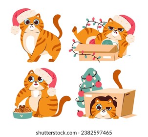 Cute playful Christmas cat. A cat in a festive costume and a Christmas tree.