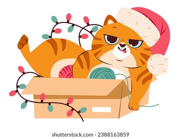 Cute playful Christmas cat. A cat in a festive costume. Cartoon flat vector illustration.
