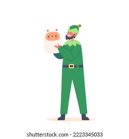 Cute Playful Christmas Elf Holding Kids Toy. Santa Claus Helper in Green Costume and Beard, Happy New Year and Merry Xmas Isolated on White Background Design Element. Cartoon Vector Illustration