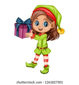 Cute Playful Christmas Elf.  Santa Claus Helper. Happy New Year, Merry Christmas Design Element. Isolated on White Background. Good for Christmas Cards. Children Cartoon Vector illustration