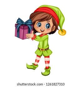 Cute Playful Christmas Elf.  Santa Claus Helper. Happy New Year, Merry Christmas Design Element. Isolated on White Background. Good for Christmas Cards. Children Cartoon Vector illustration
