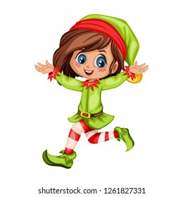 Cute Playful Christmas Elf.  Santa Claus Helper. Happy New Year, Merry Christmas Design Element. Isolated on White Background. Good for Christmas Cards. Children Cartoon Vector illustration