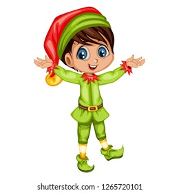 Cute Playful Christmas Elf.  Santa Claus Helper. Happy New Year, Merry Christmas Design Element. Isolated on White Background. Good for Christmas Cards. Children Cartoon Vector illustration