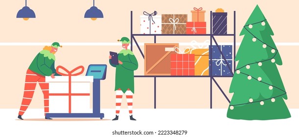 Cute Playful Christmas Elves Boy and Girl Santa Helpers in Green Costume and Stockings Weigh Gift Boxes on Scales in Warehouse or Santa Office. Happy New Year, Merry Xmas Cartoon Vector Illustration