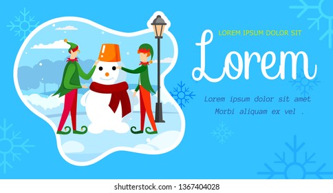 Cute Playful Christmas Elves Making Snowman on Street, Poster, Flyer Template, Promo Ad, Festive Season Offer. Santa Claus Helpers Enjoying Holidays Cartoon Flat Vector Illustration. Horizontal Banner