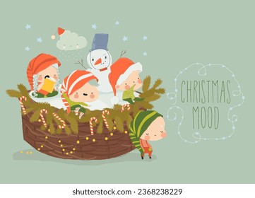 Cute Playful Christmas Elves sitting on Christmas Basket