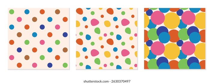 Cute playful circles seamless pattern. Quirky colourful polka dots, abstract, overlapping circles. Vector Illustration ideas for home decor, textile, flyer, template, poster. 