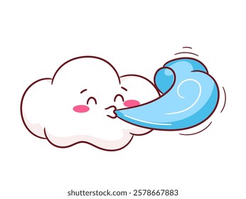 Cute playful cloud blowing a gust of wind cartoon character. Weather Concept design. Kawaii object vector icon mascot illustration.