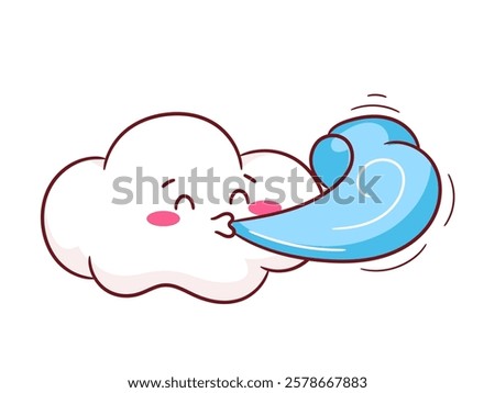 Cute playful cloud blowing a gust of wind cartoon character. Weather Concept design. Kawaii object vector icon mascot illustration.