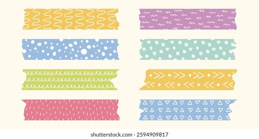 Cute Playful colored washi tape set with torn edges and white doodle patterns. Sticky paper strips. Perfect for scrapbooking, planners, crafts, DIY projects, collage, child creative Design