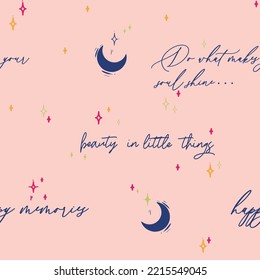 Cute, playful, conversational, celestial, sleepwear, positive letter and words seamless pattern print background with hearts for fashion, textile, thanksgiving, christmas, tshirt, girls, kids 