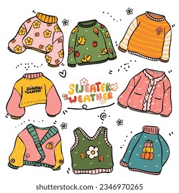 cute and playful cosy sweater doodle illustration. Adorable vibrant autumn colorful foliage, capturing the joyful spirit of the fall season. Perfect for sticker, greeting cards.