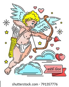 Cute playful Cupid with bow and arrow. Romantic design for Valentine's Day. Amur shoots with love. Vector illustration