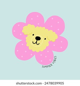 Cute Playful Dog and flower. Cute puppies. Funny pets, animals. Flat vector illustration