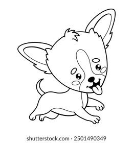 Cute playful dog. Outline stroke cartoon kawaii puppy Chihuahua animal. Line drawing, coloring book. Vector illustration. Kids collection