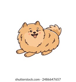 Cute playful dog of Pomeranian spitz breed. Amusing fluffy pet. Small purebred puppy in funny pose. Animal Zwergspitz smiling. Vector illustration isolated on white background