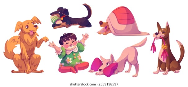 Perros juguetones lindos y conjunto de niños aislados sobre fondo blanco. Ilustración de dibujos animados de Vector de niño feliz sonriendo, perrito jugando con juguete, escondido debajo de la manta, zapatilla de mascar, cachorro entrenado dando pata