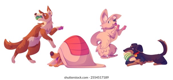 Cute playful dogs set isolated on white background. Vector cartoon illustration of funny doggy playing with ball, hiding under blanket, puppy chewing slipper, trained animal standing on hind legs