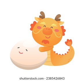 Cute and playful dragon character or mascot with glutinous rice balls for Lantern Festival or Winter Solstice, Asian sticky rice sweet food, vector cartoon style