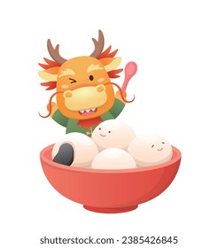 Cute and playful dragon character or mascot with glutinous rice balls for Lantern Festival or Winter Solstice, Asian sticky rice sweet food, vector cartoon style