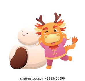 Cute and playful dragon character or mascot with glutinous rice balls for Lantern Festival or Winter Solstice, Asian sticky rice sweet food, vector cartoon style