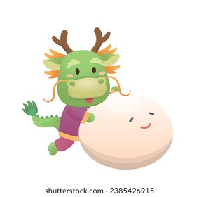 Cute and playful dragon character or mascot with glutinous rice balls for Lantern Festival or Winter Solstice, Asian sticky rice sweet food, vector cartoon style